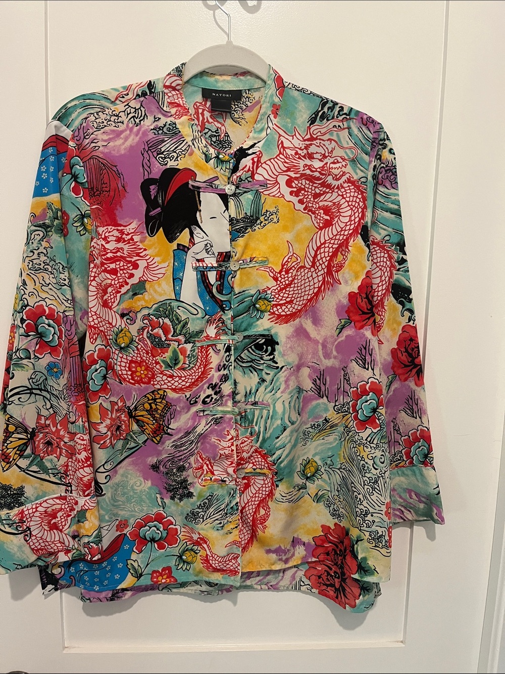 Natori Multicolor Dragon & Floral Print Poly/silk pj top or blouse